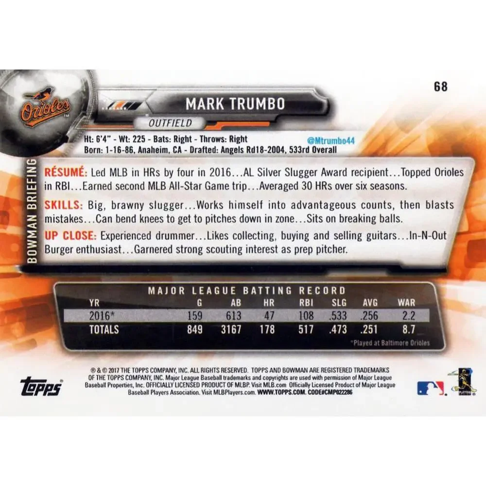 2017 Bowman Mark Trumbo # 68 Baltimore Orioles